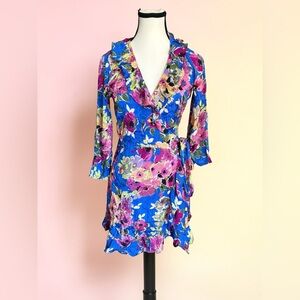 Sezane Floral Wrap Dress in Bright Blue with Pink Flowers size 34/ US 2